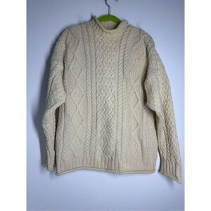 Tempo Women’s Fisherman Sweater Hard Wool Cable Knit Cream Sz L See Description